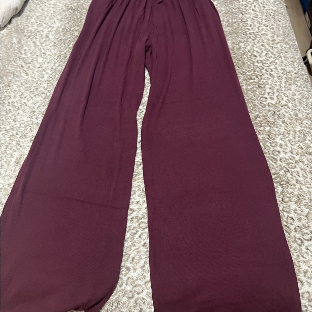 Nuuds Slinky Rib Wide Leg Lounge Pants in Merlot - Picture 2 of 2